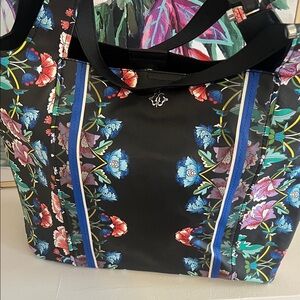 Nanette Lepore Black Floral Tote with Blue Trim